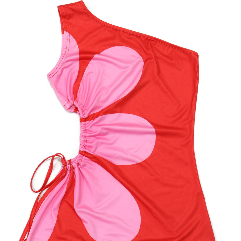 Women Slash Shoulder Hollow Printed Slim Sexy Long Dress 10