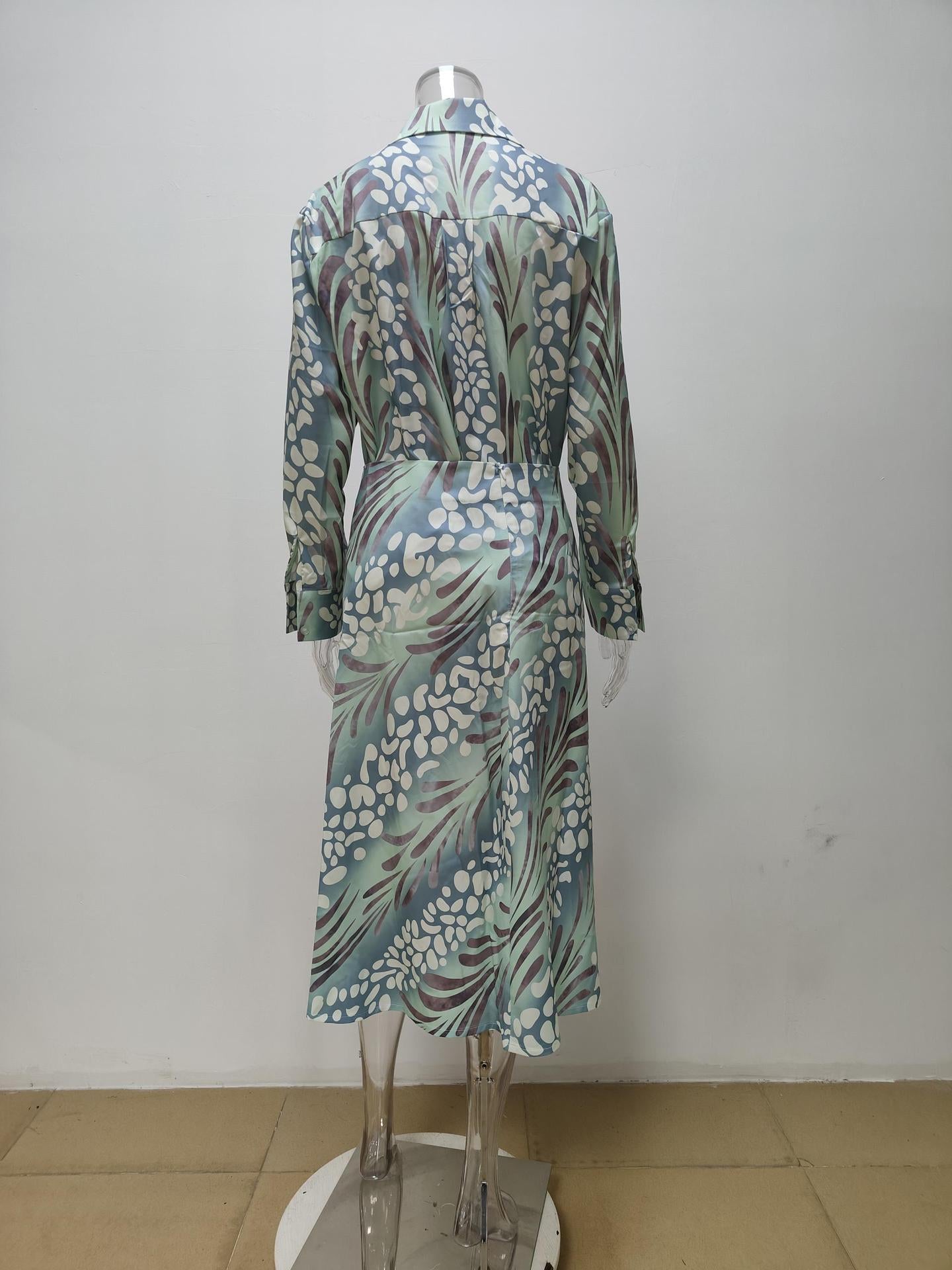 Autumn women's elegant print Turndown Collar long-sleeved shirt high waist skirt fashion two piece set 8