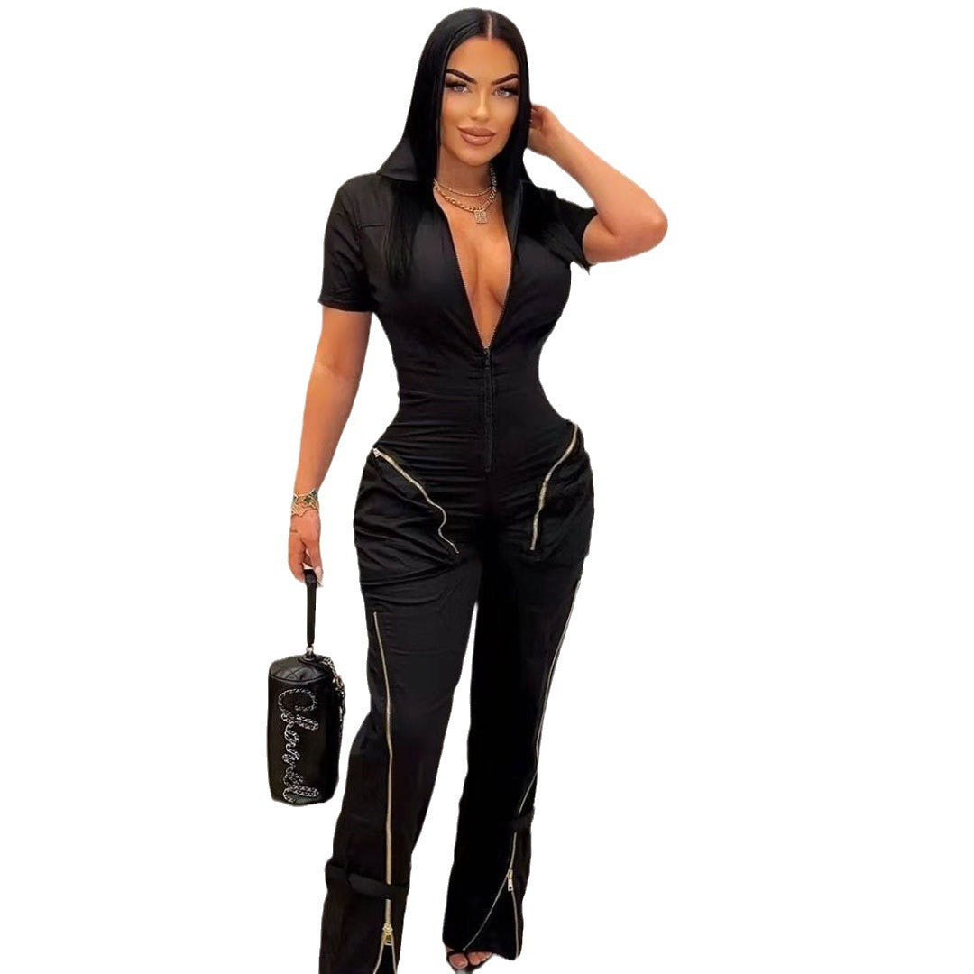 Women Sexy Summer Zipper Pocket Jumpsuit 9
