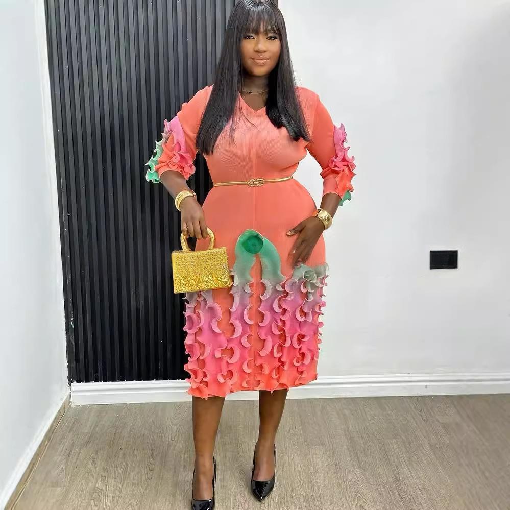 Africa Plus Size Dress Fashion Rainbow Ruffle Chic Elegant Slim Fit Midi Dress 12