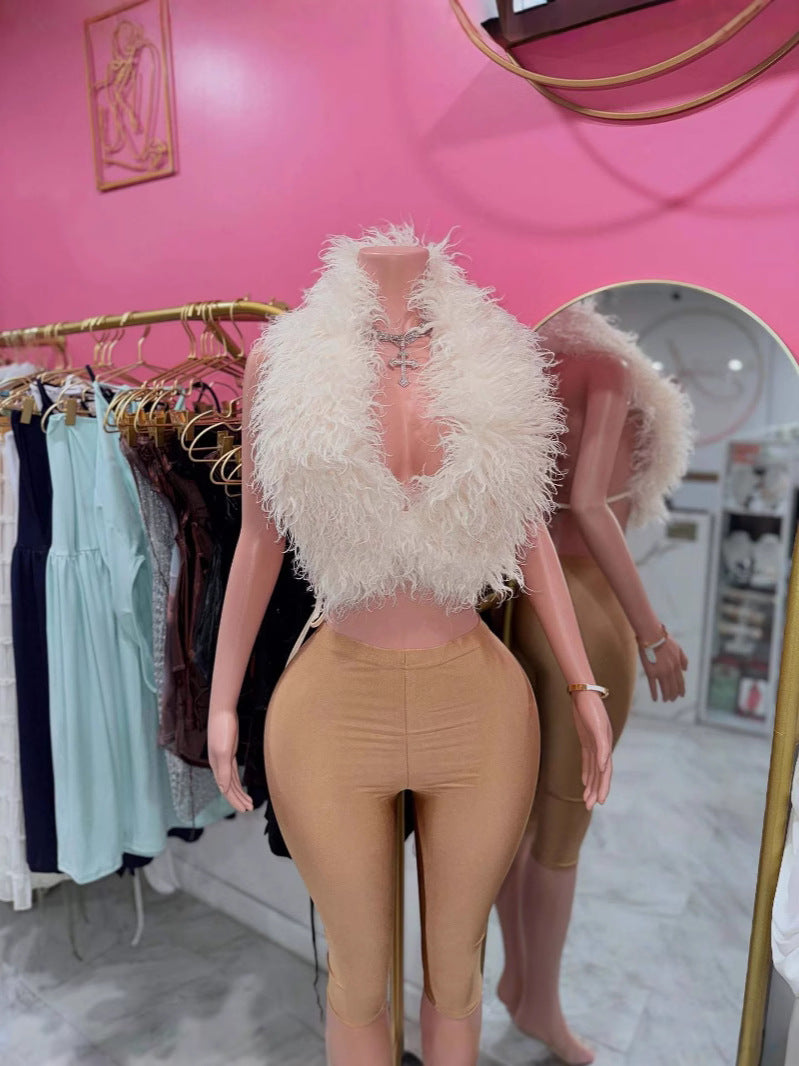 Women Sexy Fake Fur Top and Cropped Pants Set 7