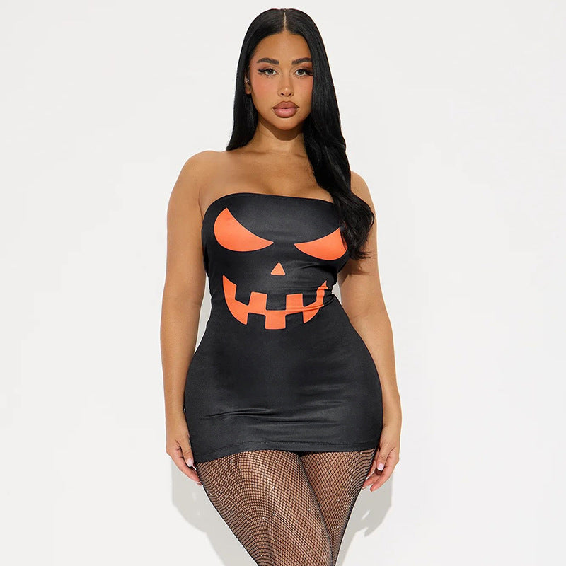 Women's Autumn Strapless Halloween Print Tight-Fitting Mini Bodycon Dress 15