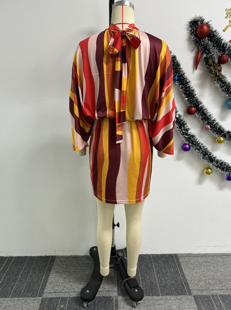 Women Sexy Color Stripe Print Lace-Up Bat Sleeves Bodycon Dress 6