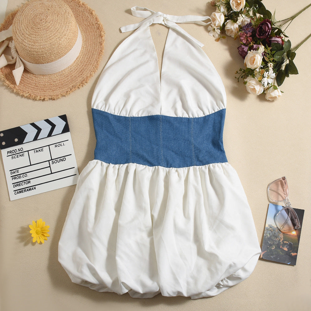 Women Fall Sexy Backless Lace-Up Contrast Patchwork Halter Neck Dress 9