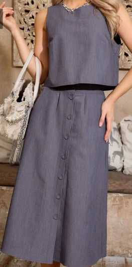 Women Casual Solid Round Neck Top and Skirt Two Piece Set 13