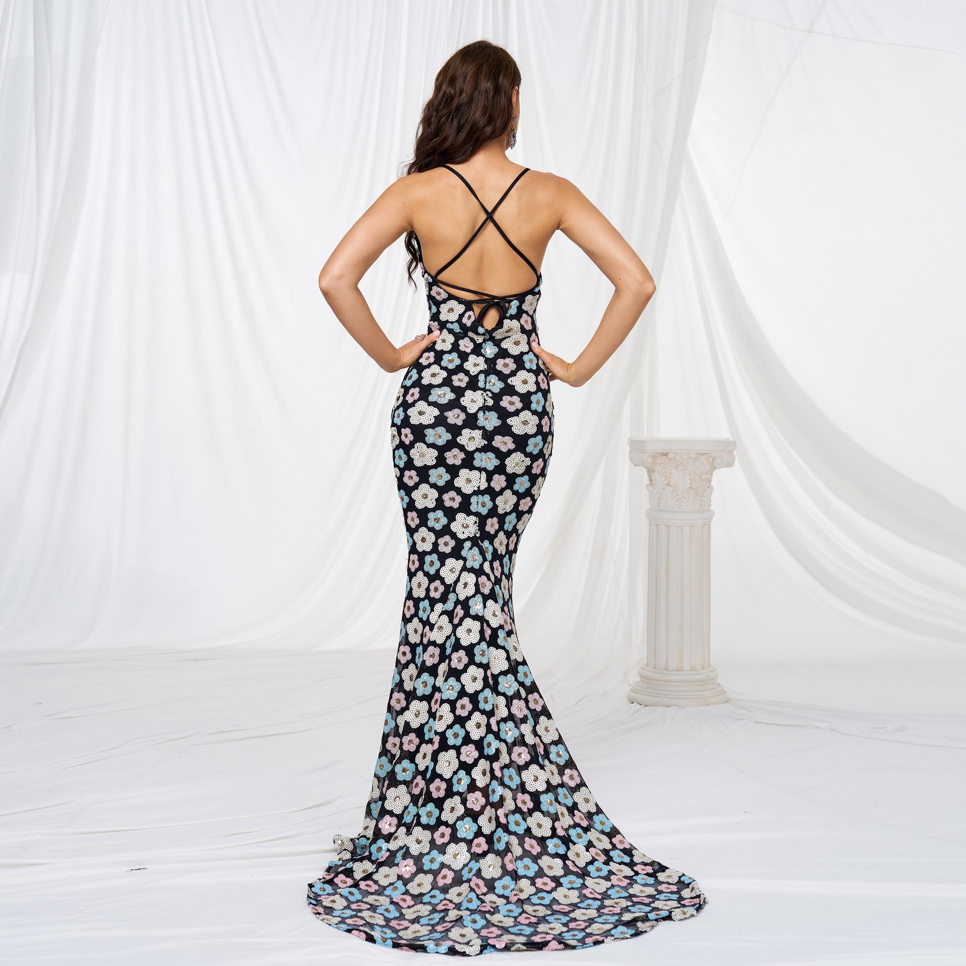 Women Suspender V Neck Bodycon Sequin Formal Party Fishtail Evening Dress 4