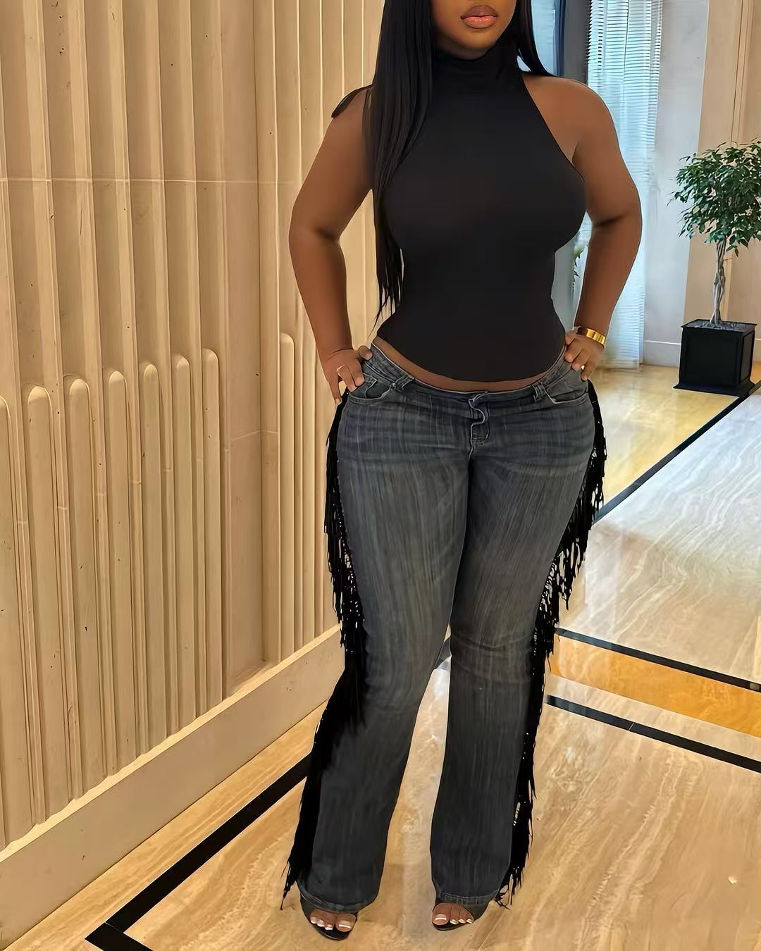 Women's Fashion Fringe High Waist Straight Denim Pants