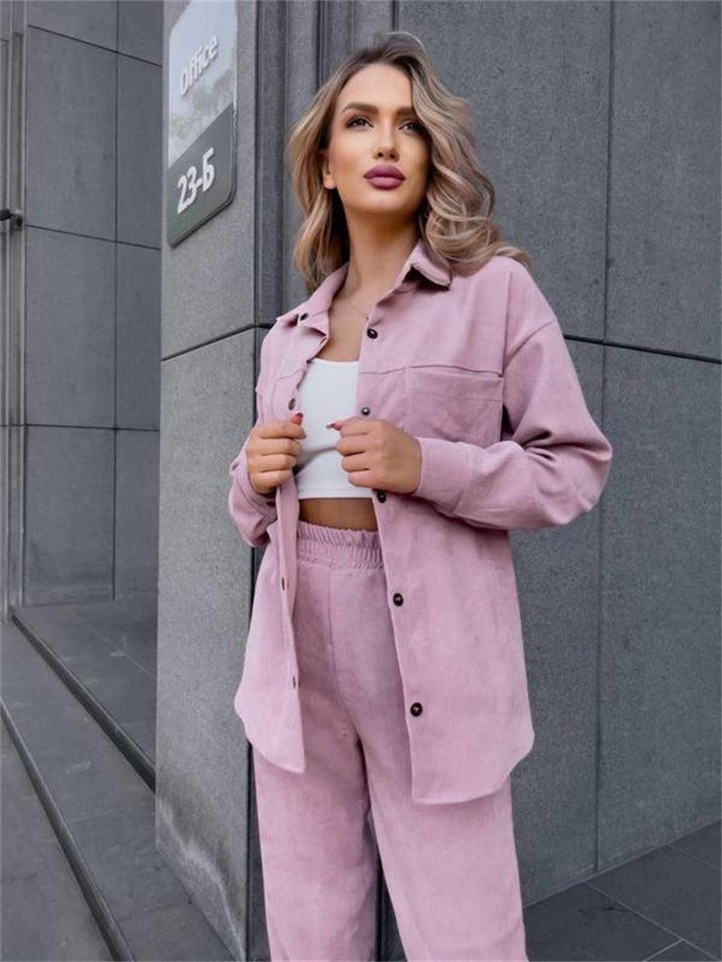 Women Fall Button Long Sleeve Shirt and Pant Two-piece Set 4