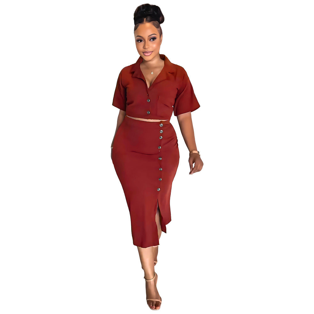 Women Summer Polo Neck Short Sleeve Blazer and Slit Skirt Career Two-Piece Set 12