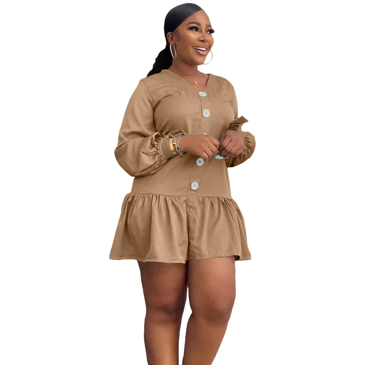 Women's Fashion Casual V-Neck Long Sleeve Ruffled Pleated Dress 9