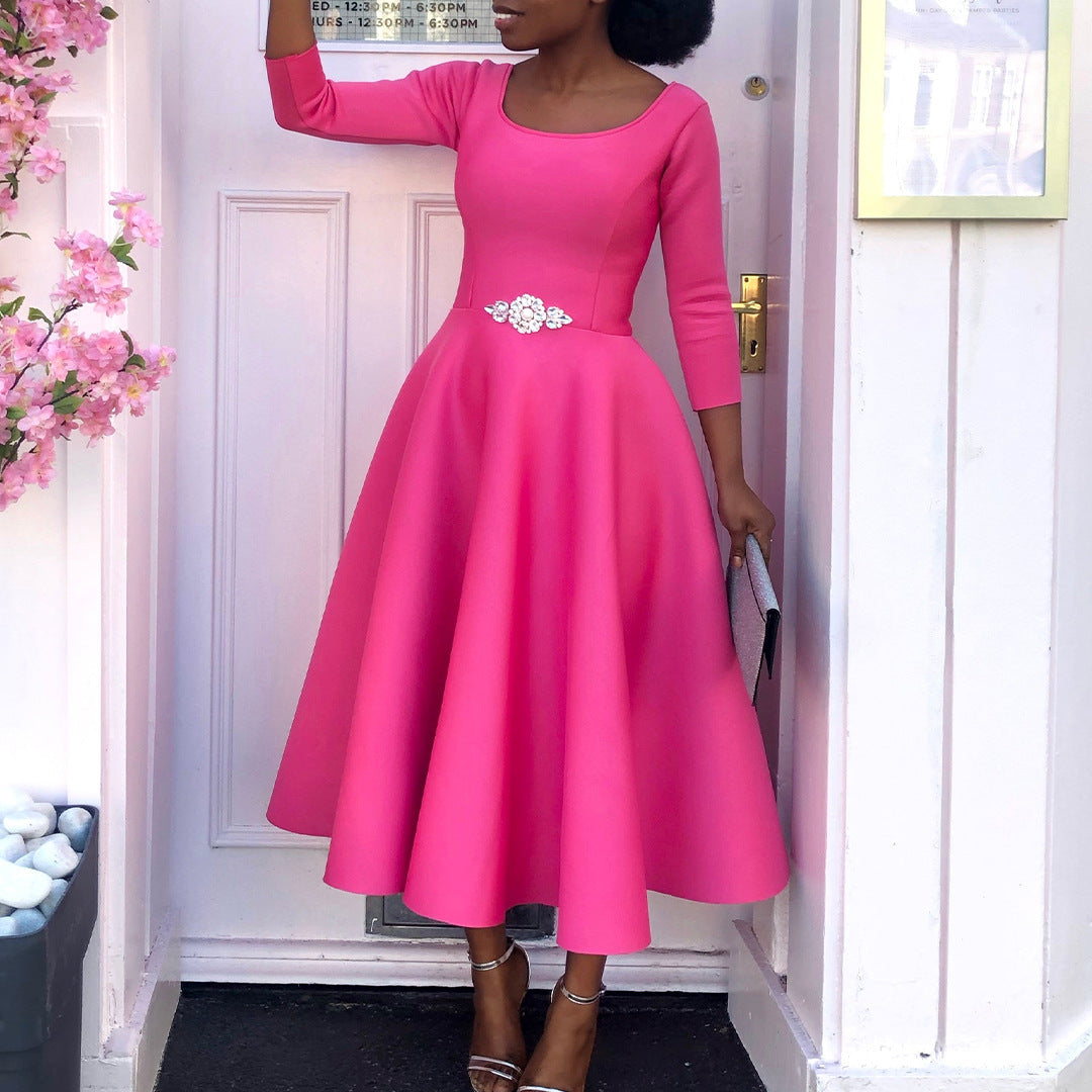 Women's Summer Solid Color Swing Dress Chic Evening Dress 3