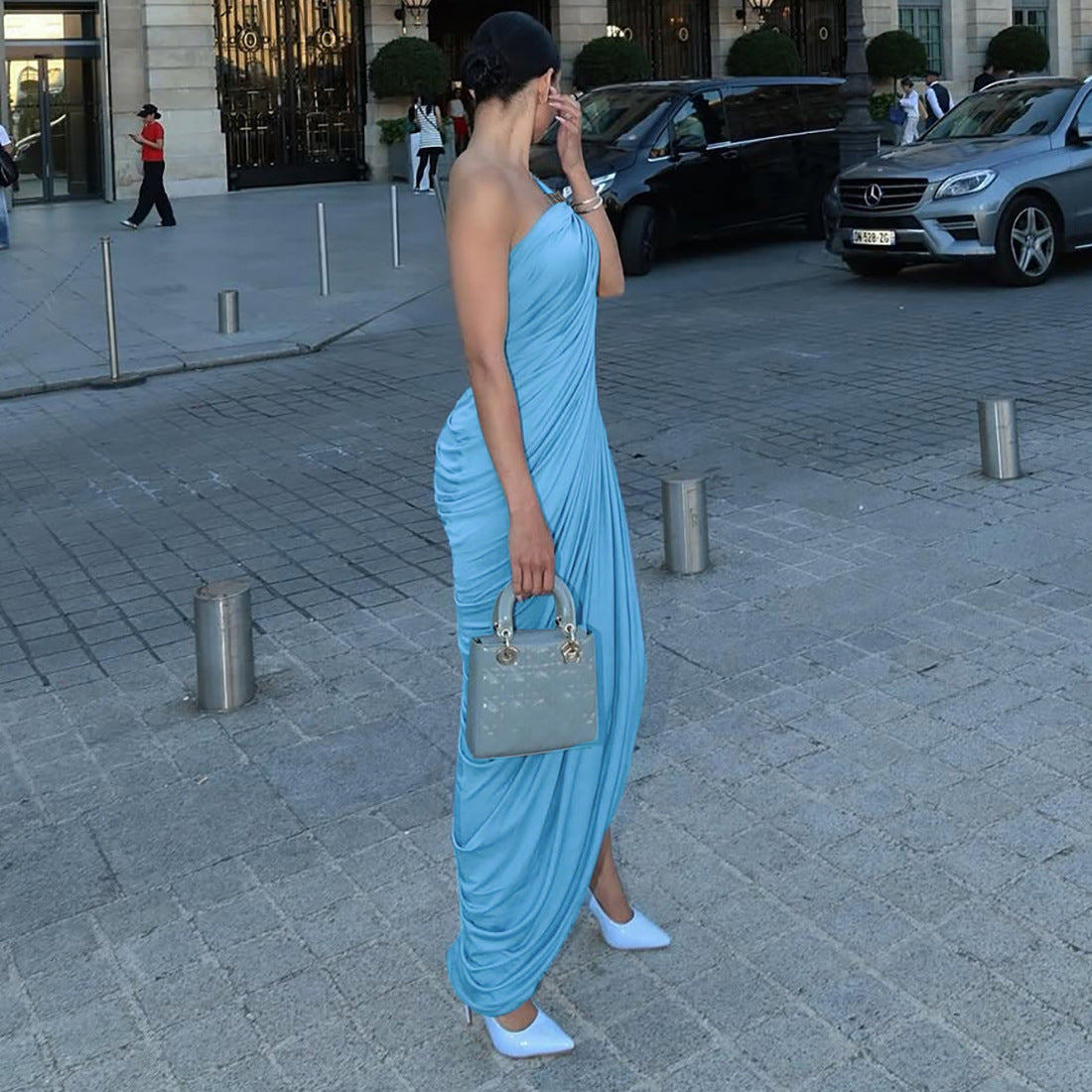 Women Fall Sexy Strapless Suspender Pleated Irregular Slit Dress 3