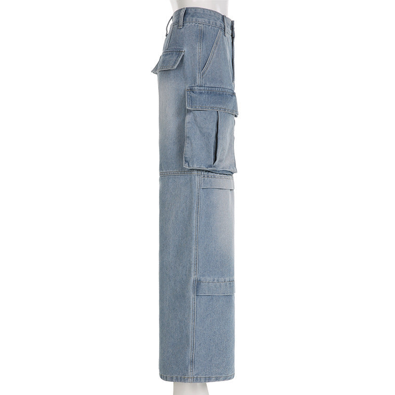Women Pocket Loose Washed Cargo Denim Pants 11