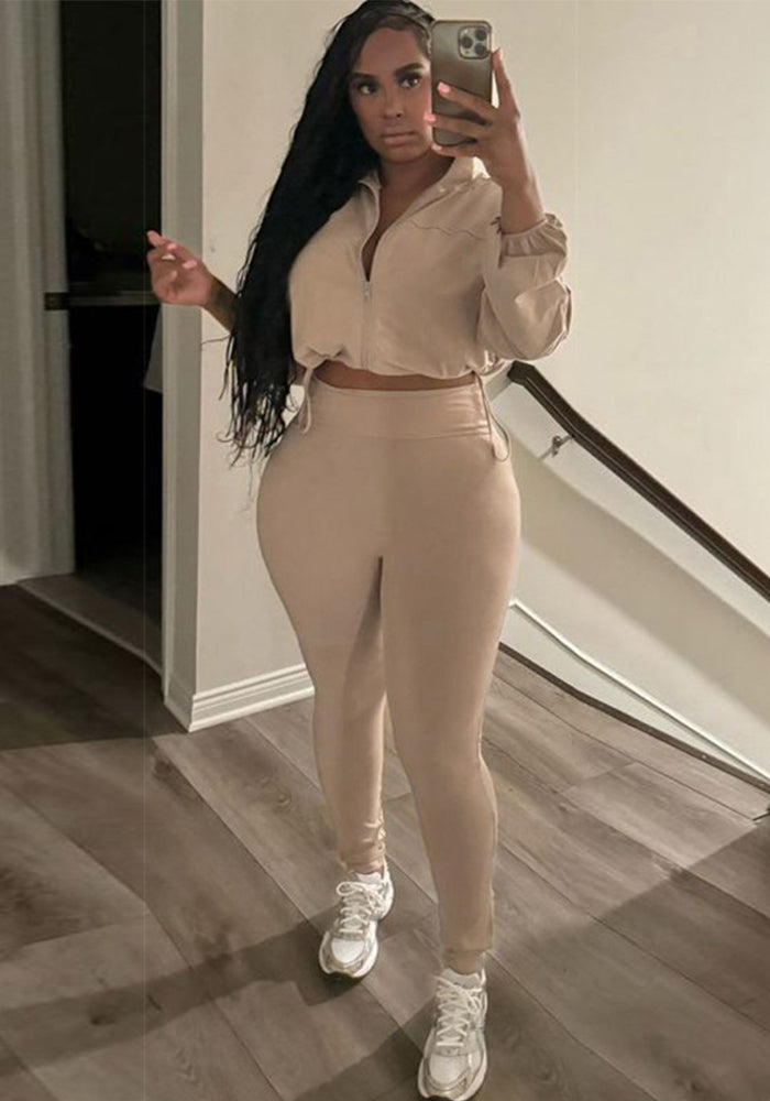 Women Sexy Drawstring Zipper Crop Top and Solid Pants Two Piece Set