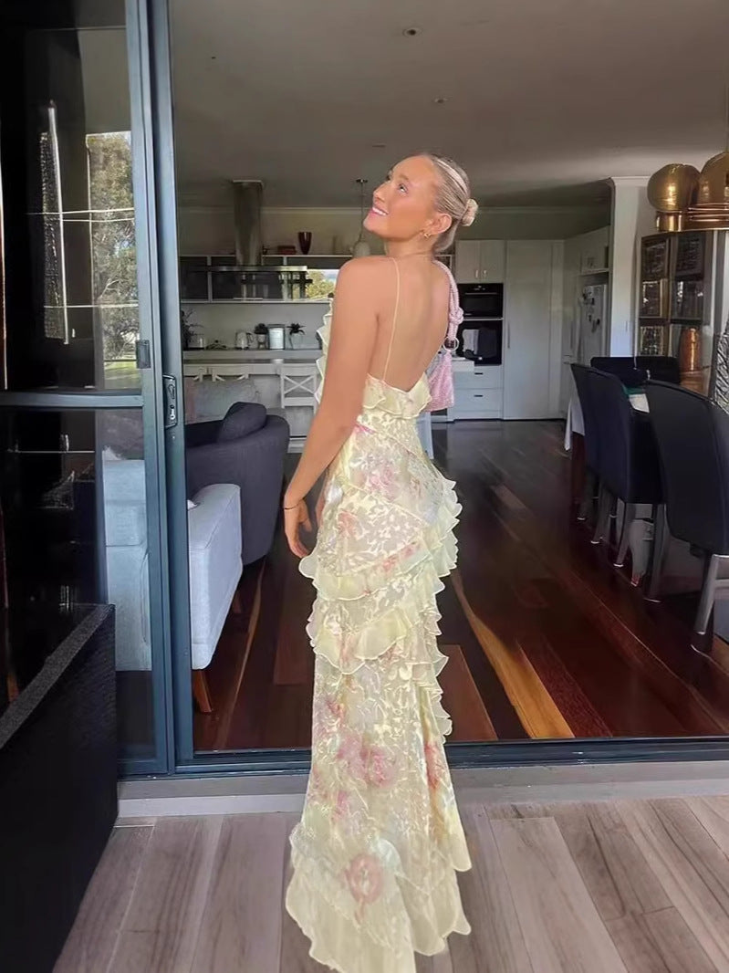 Women Printed Sexy Suspender Backless Lace-up Irregular Dress 7