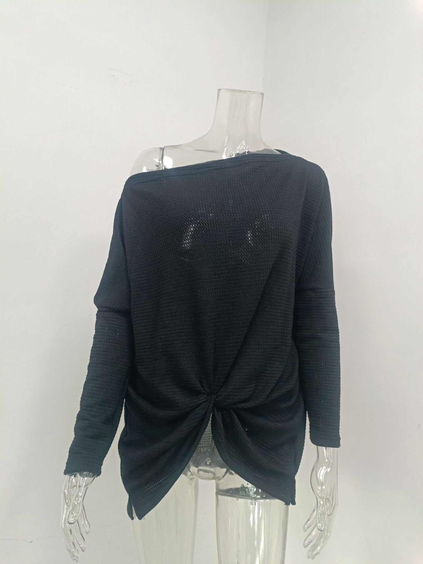 Women knitting waffle Slash Shoulder Top 36