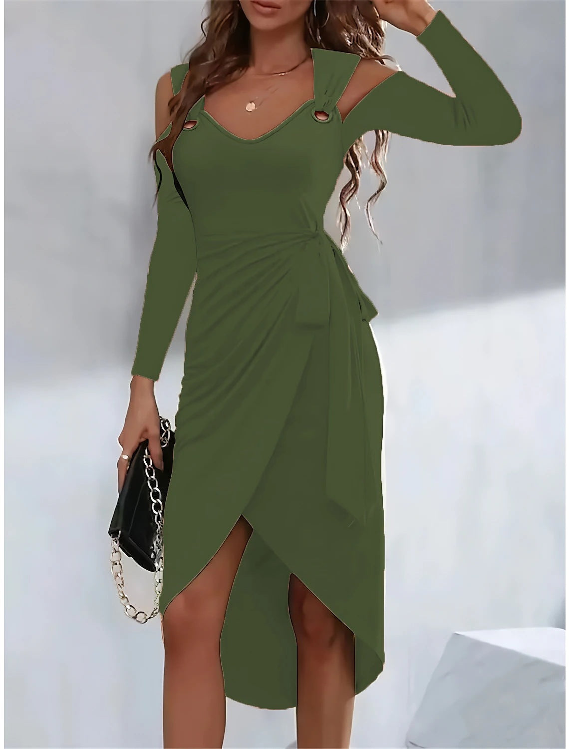 Women Solid Metal Button V-Neck Lace-Up Dress 7