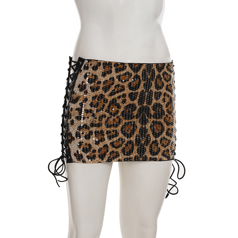 Sexy Side Lace-Up Leopard Print Bodycon Short Skirt with Sequins 5