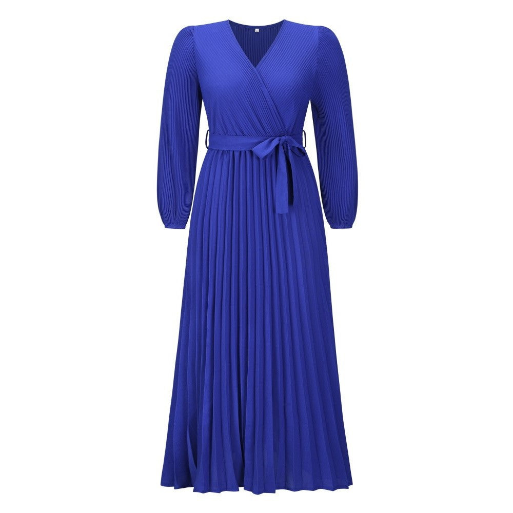 Women Autumn V-Neck Long Sleeve Pleated Maxi Dress 9