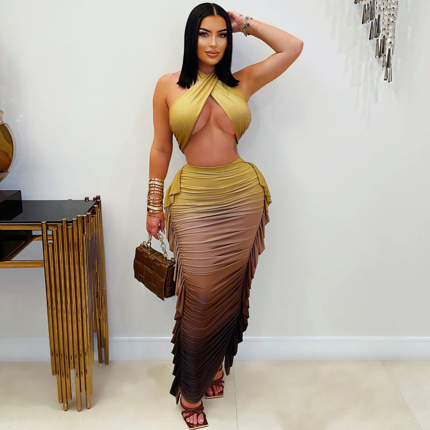 Women's Fashion Gradient Print Crop Top Pleated Skirt Two-Piece Set