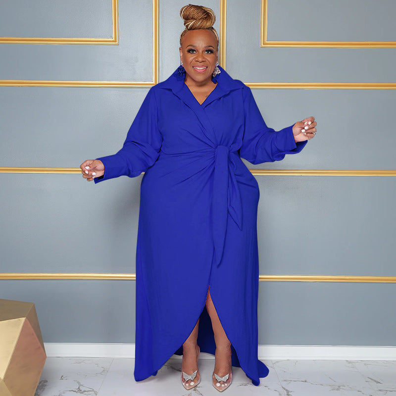Women's Plus Size Long Sleeve Turndown Collar Slit Sexy Dress For Women 6