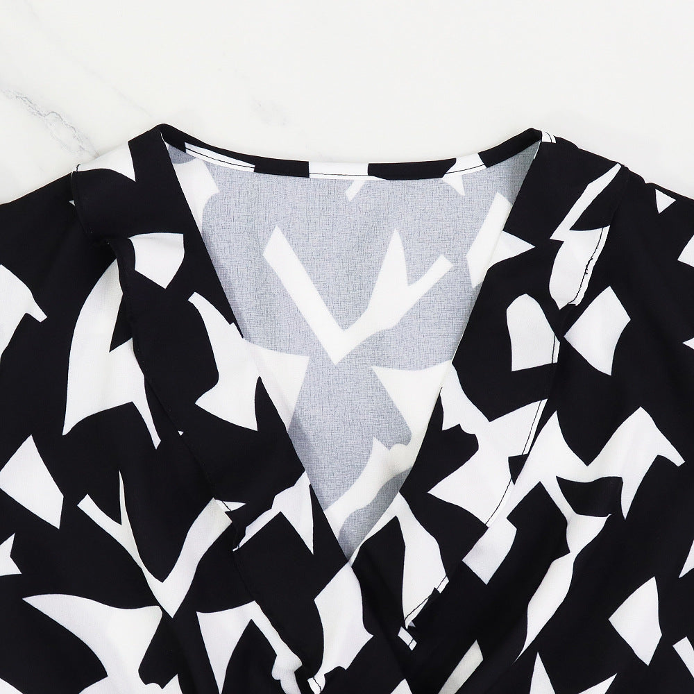 Chic Elegant Dress V-Neck Slim Waist Belt Black And White Printed Mid-Length Dress 9