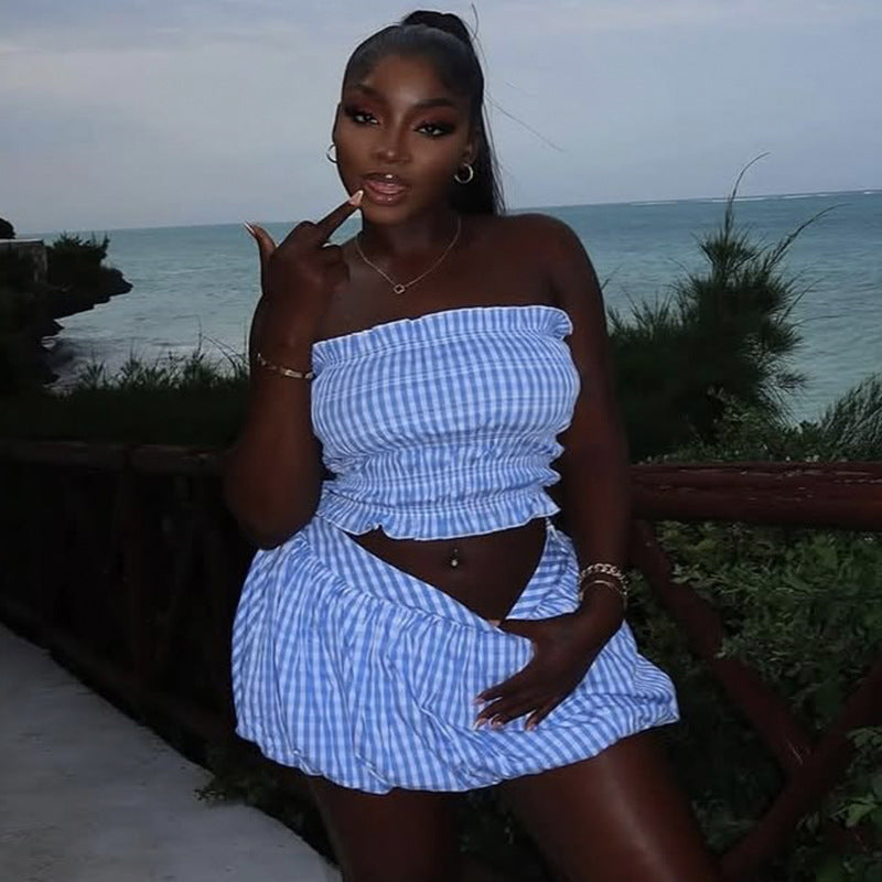 Fall Striped Strapless Puff Sleeve Top & Flared Skirt Set 5