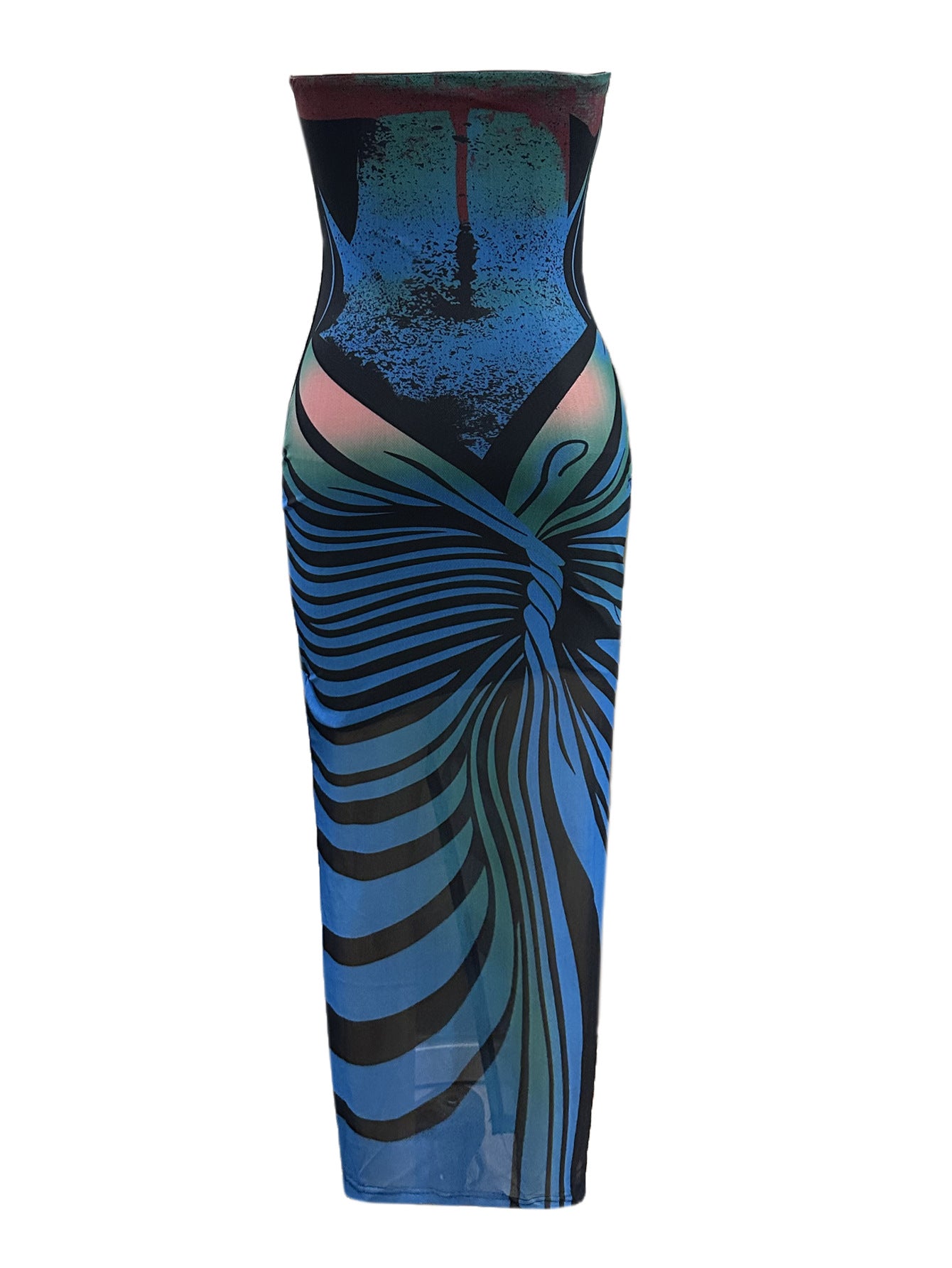 Women mesh printed slit sexy Maxi Dress 9