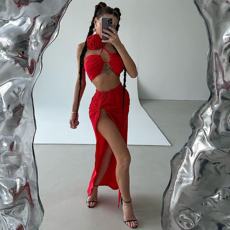 Women Sexy Tie-Wrap Chest Solid Top And Slit Skirt Two-piece Set 5