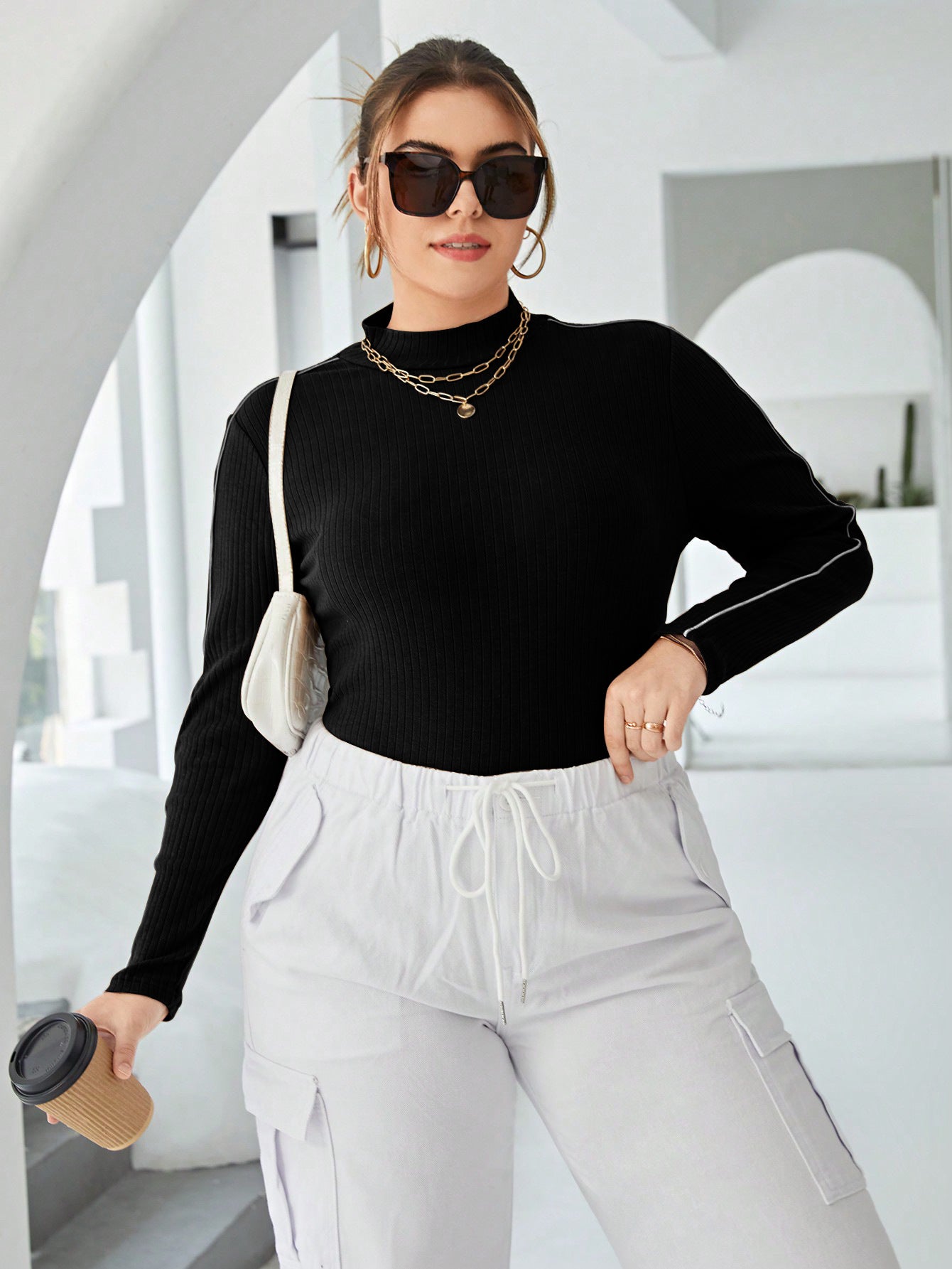 Plus Size Women's Contrast Color Knitting Shirt Autumn And Winter Basic Chic Solid Color Turtleneck Ribbed Top 4