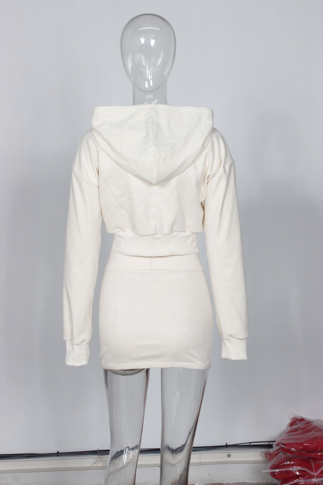 Spring Solid Color Casual Zippered Long Sleeve Hoodies slim short Skirt Set 10