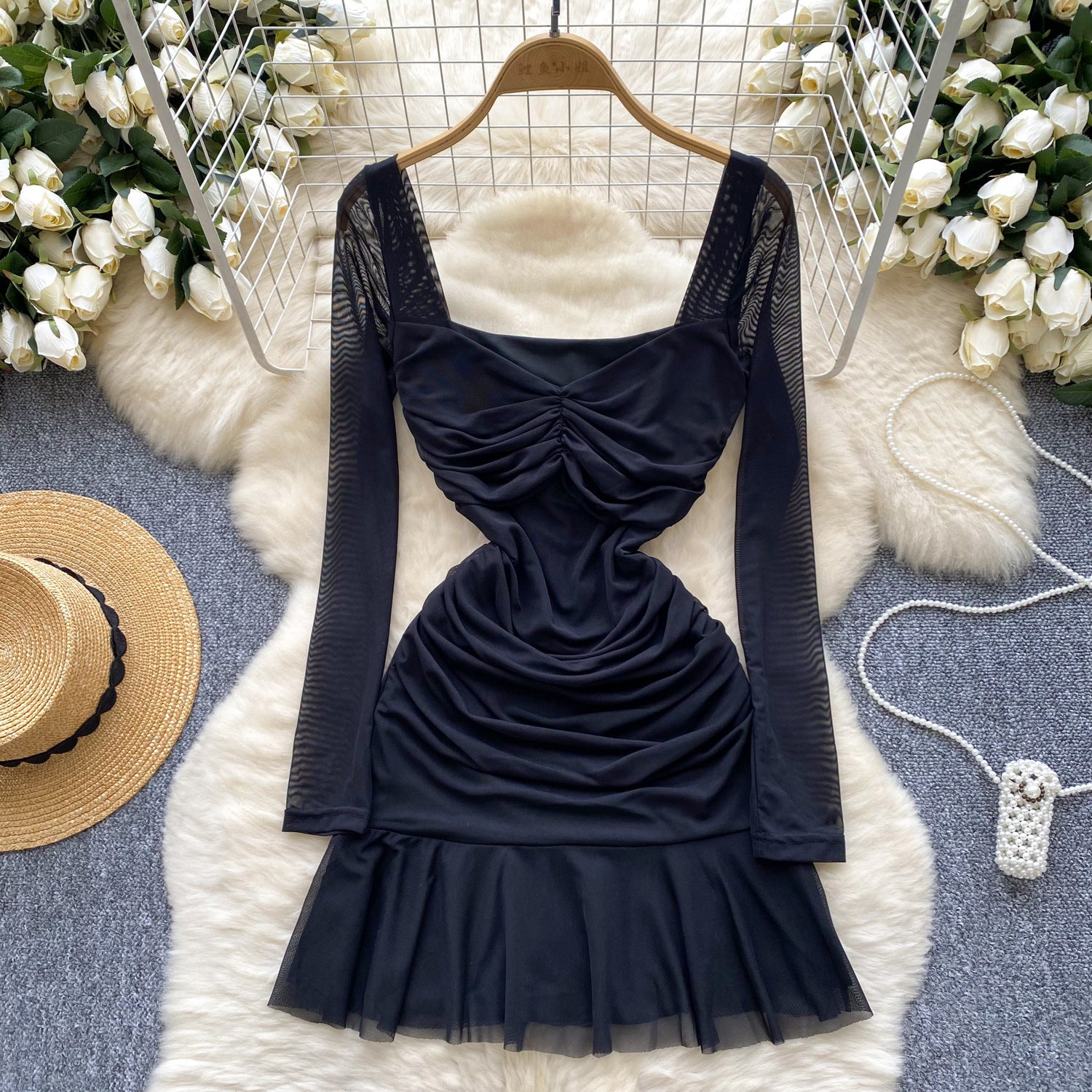 Women Autumn Pleated Square Neck Long Sleeve Ruffle Mesh Dress 3