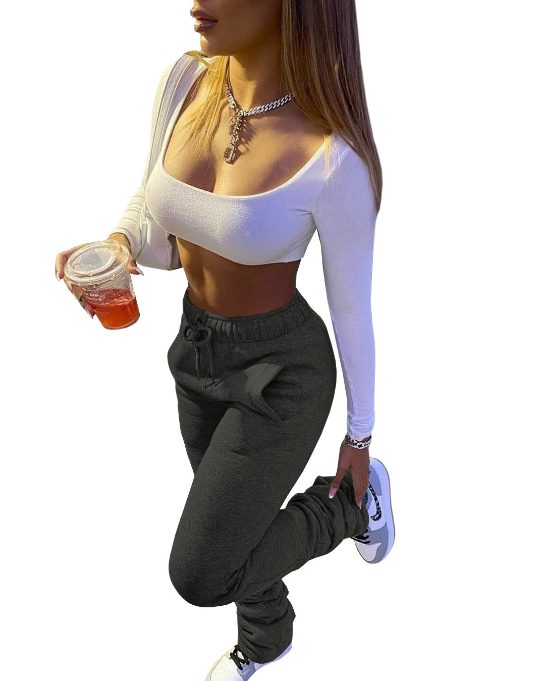 Women Fleece Sports Casual Drawstring Pockets Stacked Pant 8