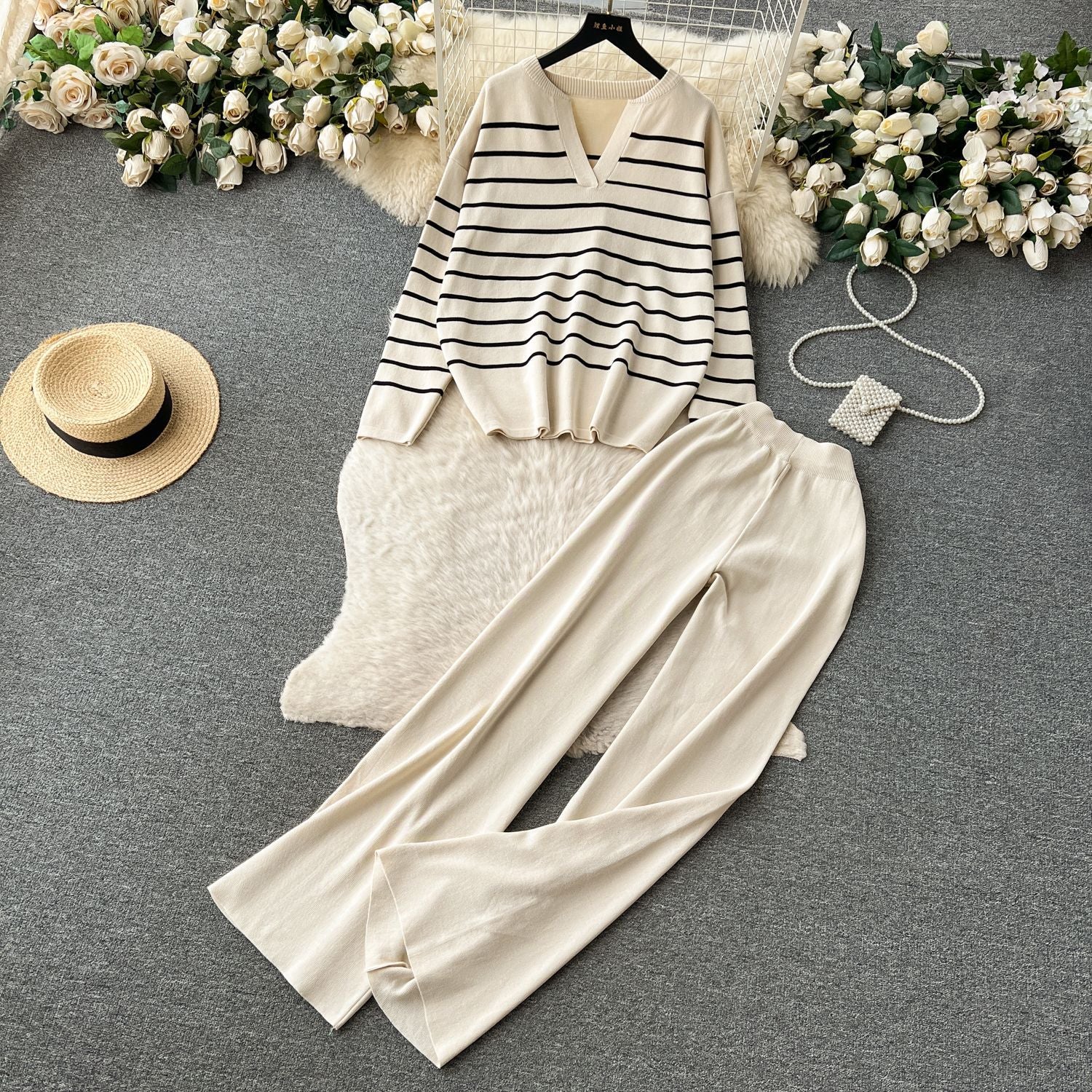 Women Casual V Neck Striped Knitting Top and Pants Two-piece Set 25