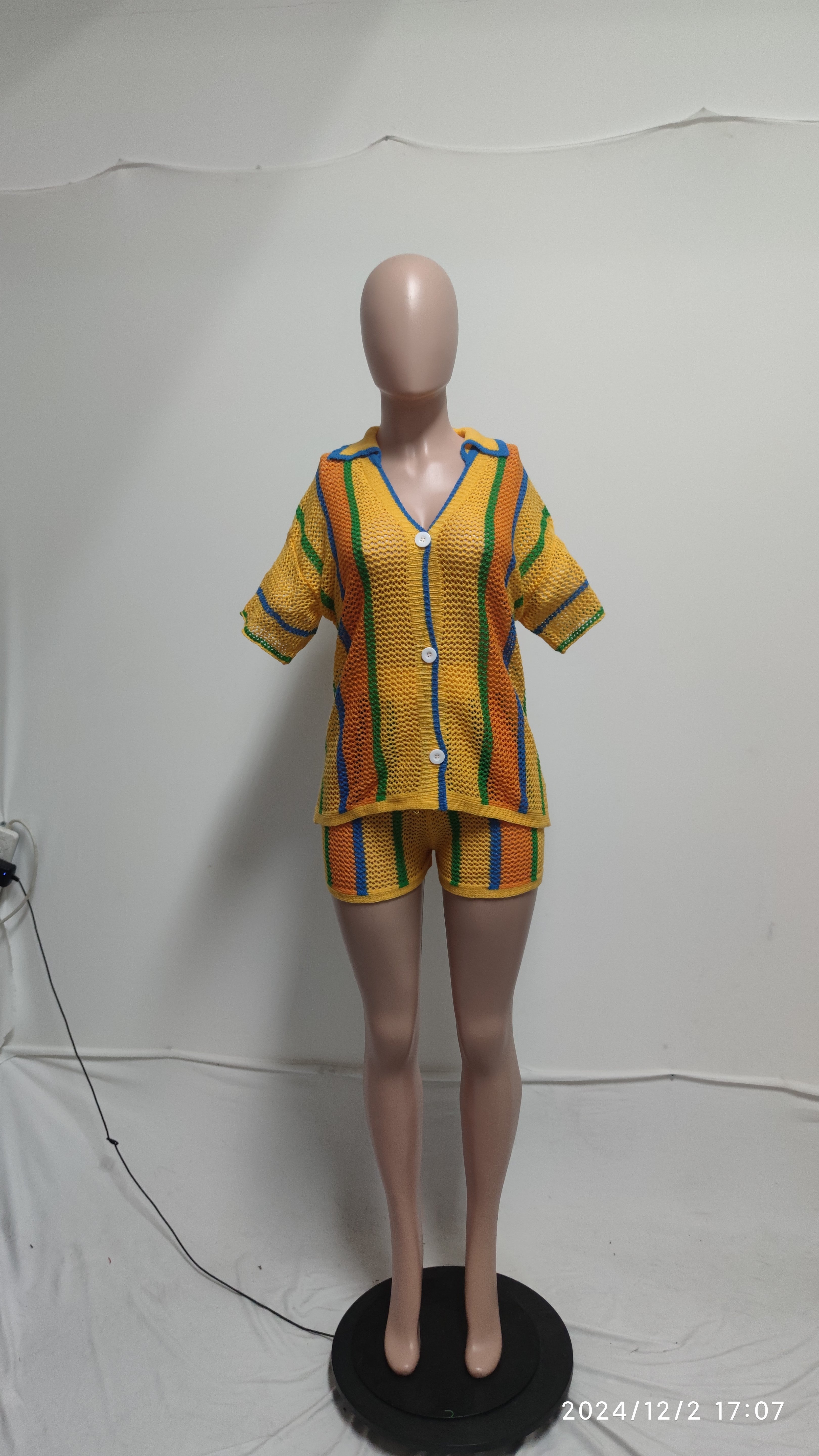 Women's Sexy Hollow See-Through Turndown Collar Knitting Two Piece Shorts Set 30