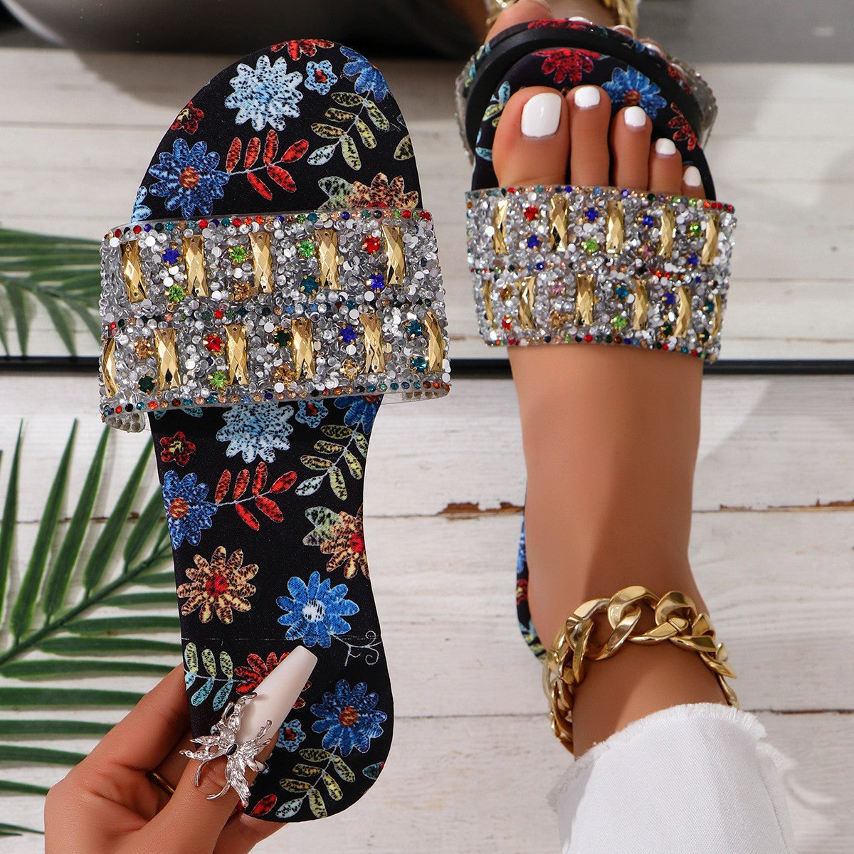 Summer Outdoor Wear Metal Diamond Sandals Slippers 6