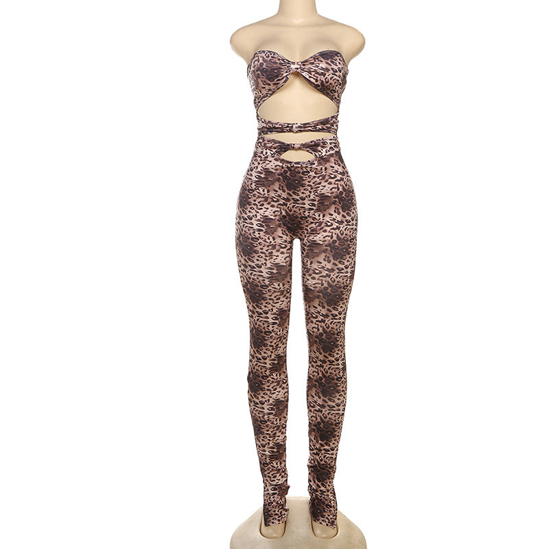 Women Leopard Print Sexy Hollow Crop Jumpsuit 6