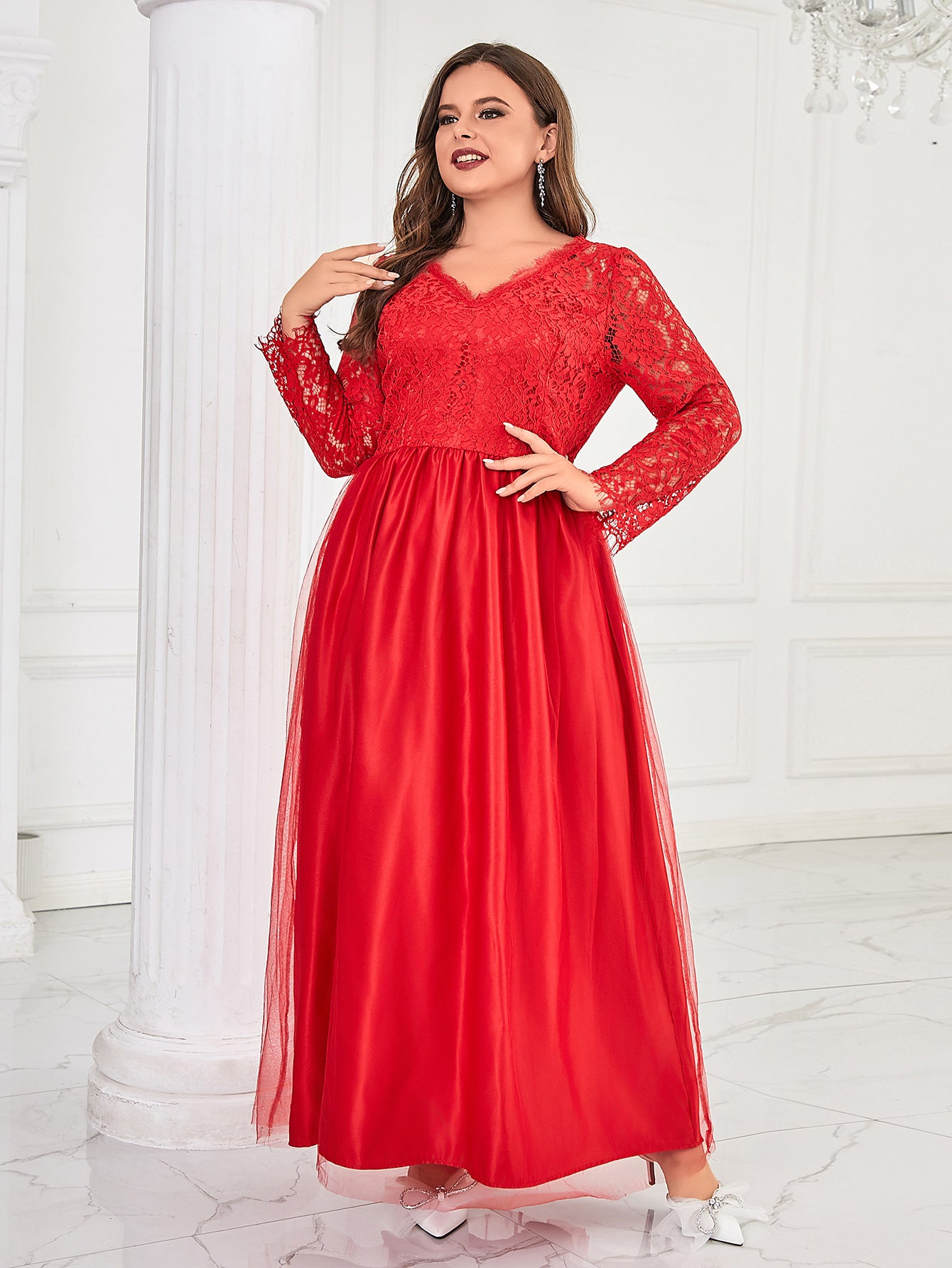 Plus Size Women Solid V-neck Long Sleeve Elegant Mesh Maxi Dress 4