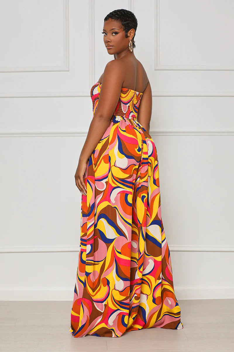 Casual Printed Low Back Strapless Loose Summer High Waist Women's Jumpsuit 4