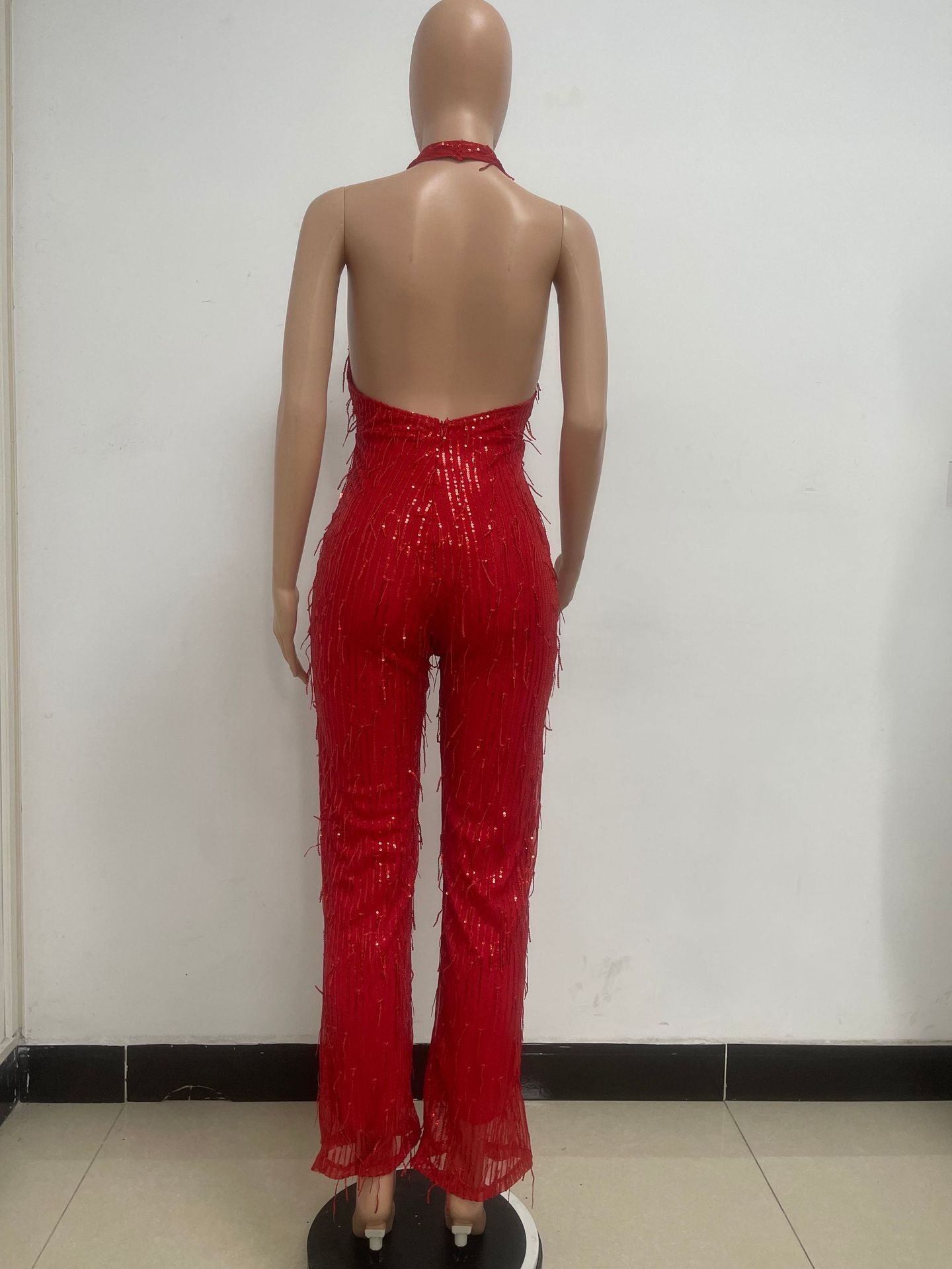 Women's Sleeveless Deep V Halter Neck Low Back Sequin Jumpsuit T 41