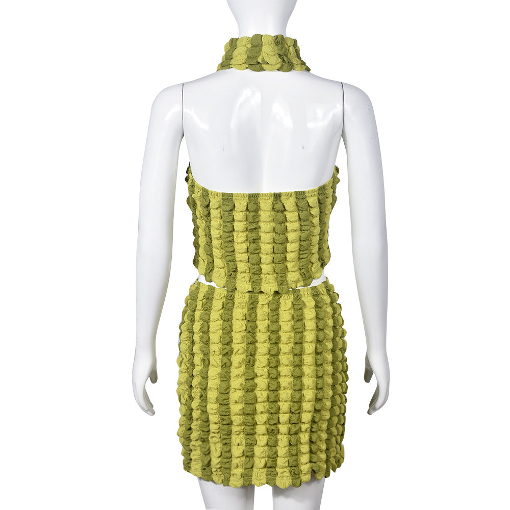 Women's Summer Halter Neck Low Back Crop Top and Skirt Two Piece Set 9