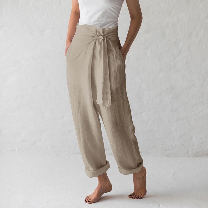 Women linen Solid high waist Pants 5