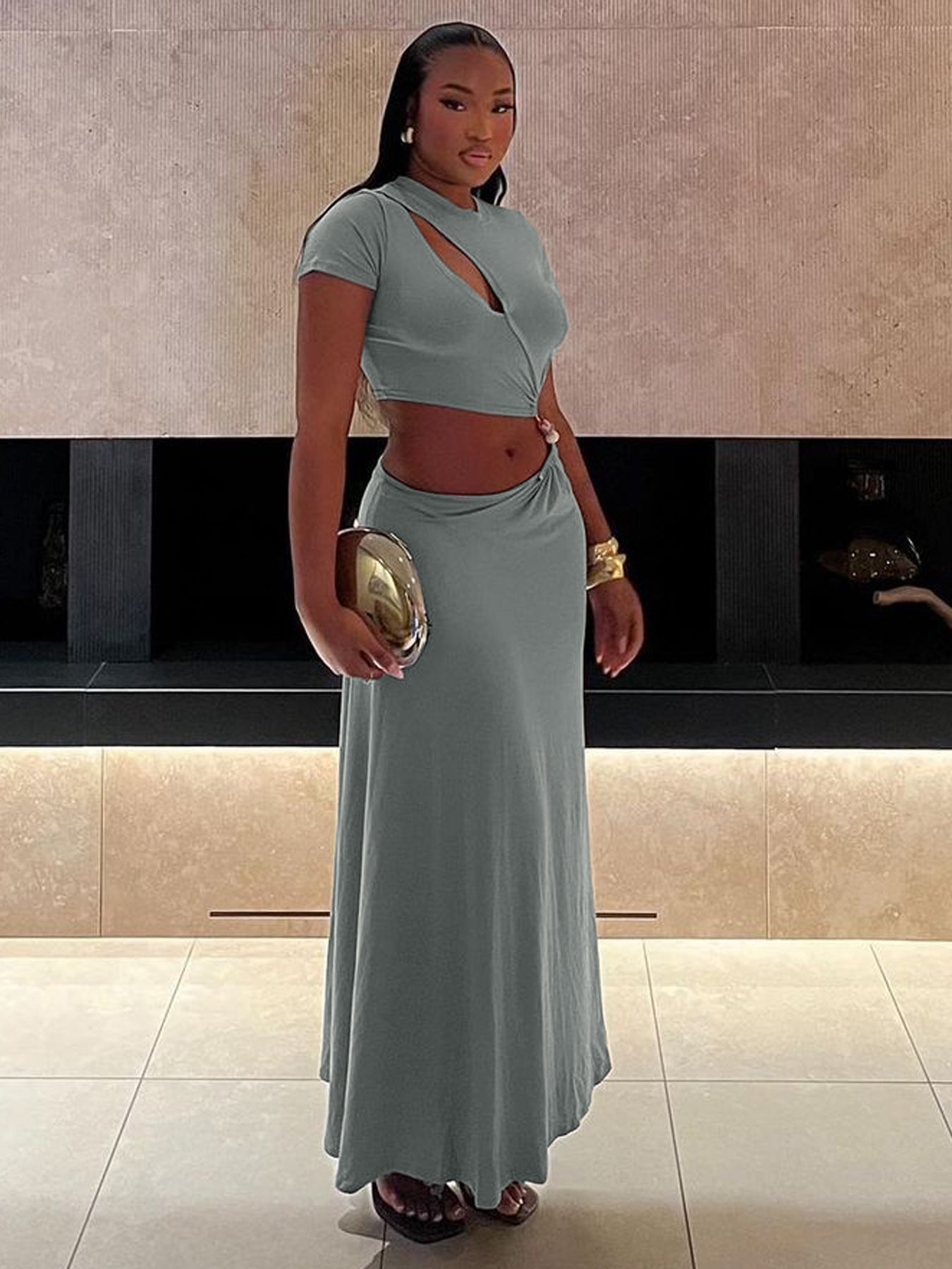 Women summer Cut Out beaded short sleeve Crop Top and Long Skirt two-piece set 4