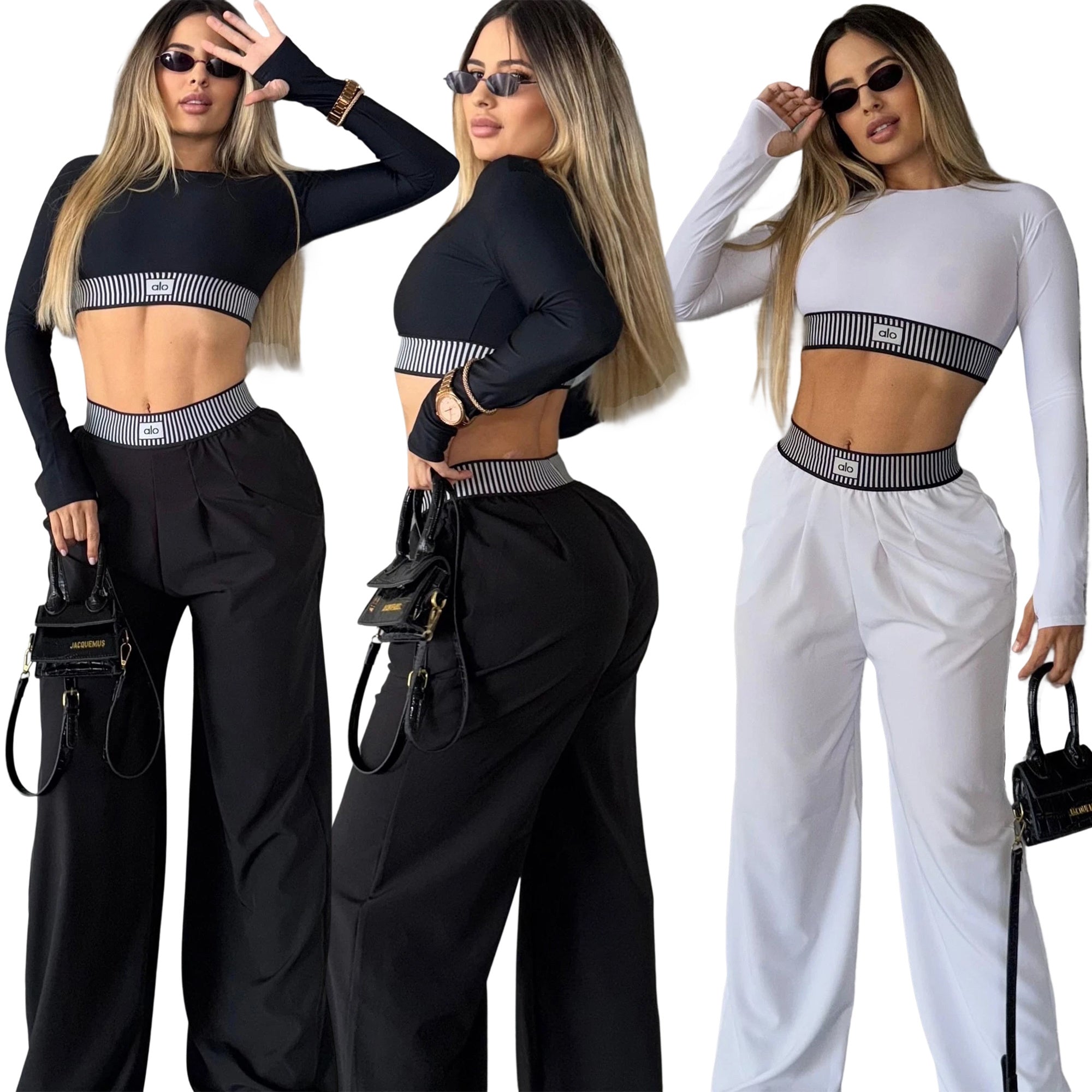 Women's Autumn Winter Fashion Long Sleeve Sexy Crop Top High Waist Loose Casual Straight Wide-Leg Pants Set 8