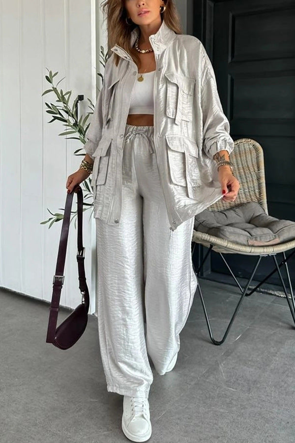 Women's Solid Color Fashionable Long-Sleeved Pockets Jacket Straight-Leg Trousers Two-Piece Set 6