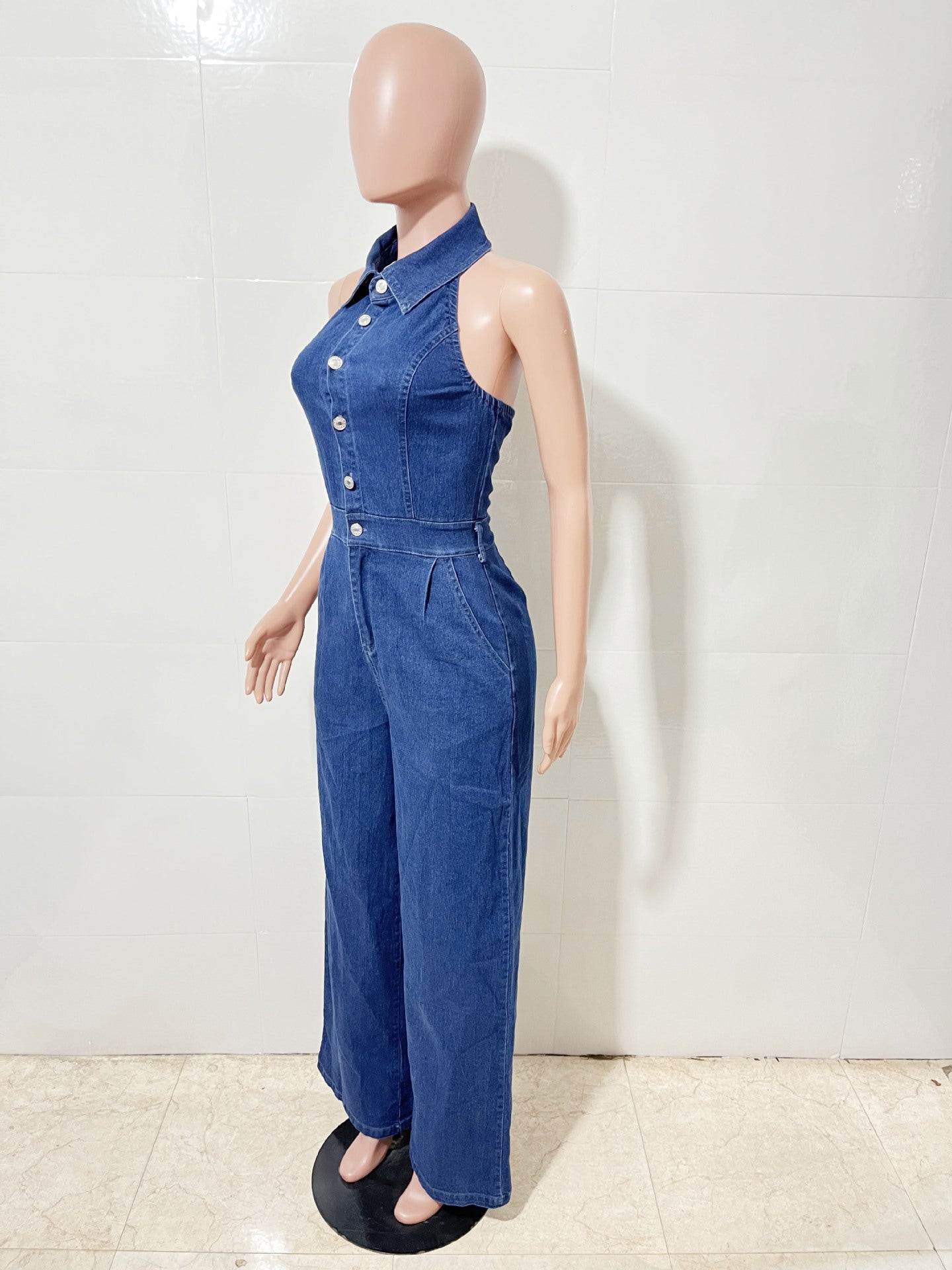 Women's Fashion Sexy Low Back Turndown Collar Halter Sleeveless Wide-Leg Denim Jumpsuit 6
