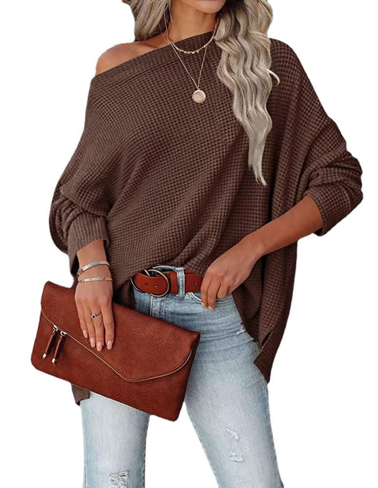Women knitting waffle Slash Shoulder Top 14