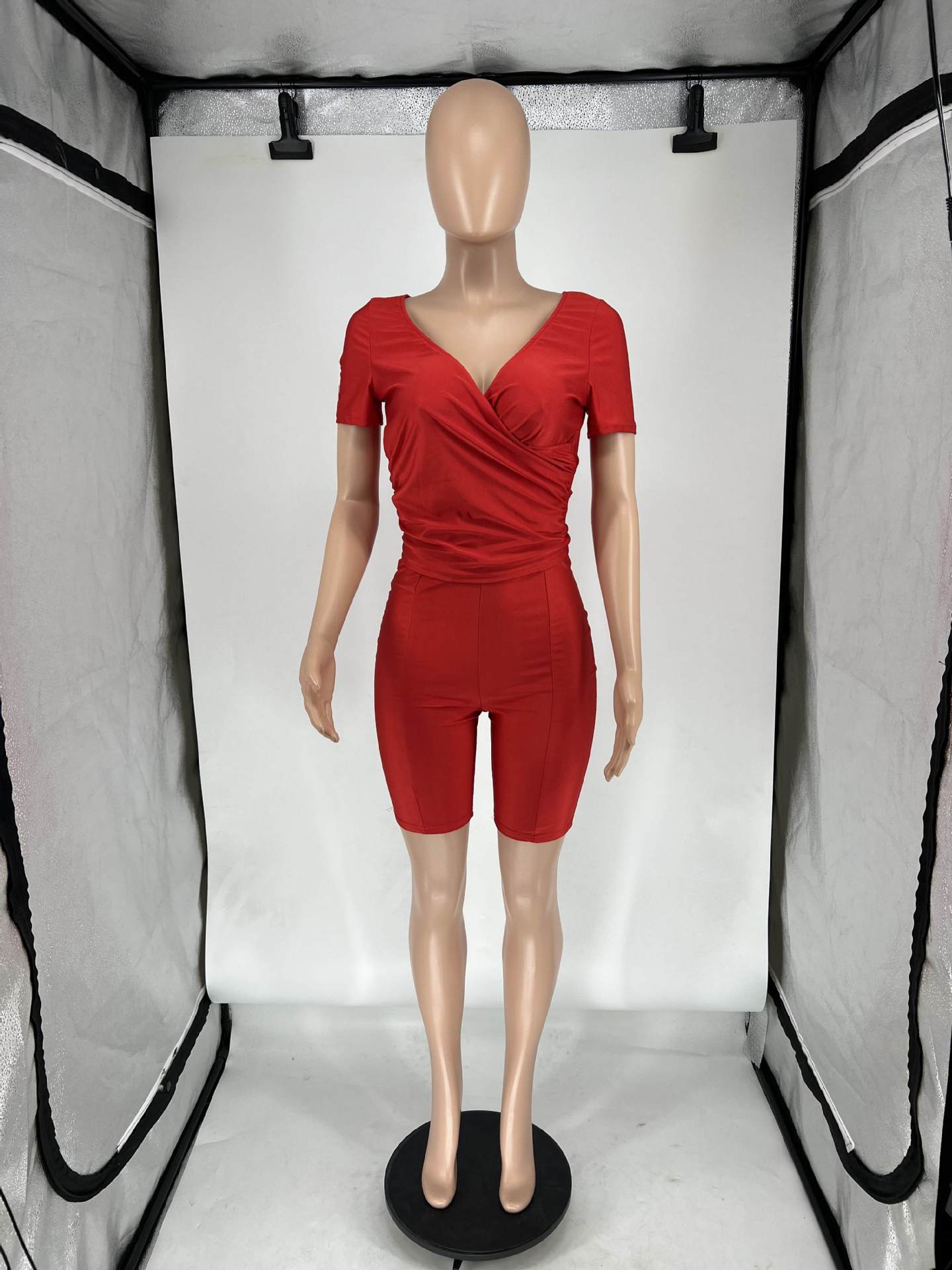 Women's Summer Cross V Neck Short Sleeve Top Elastic Shorts Casual Two Piece Set 20