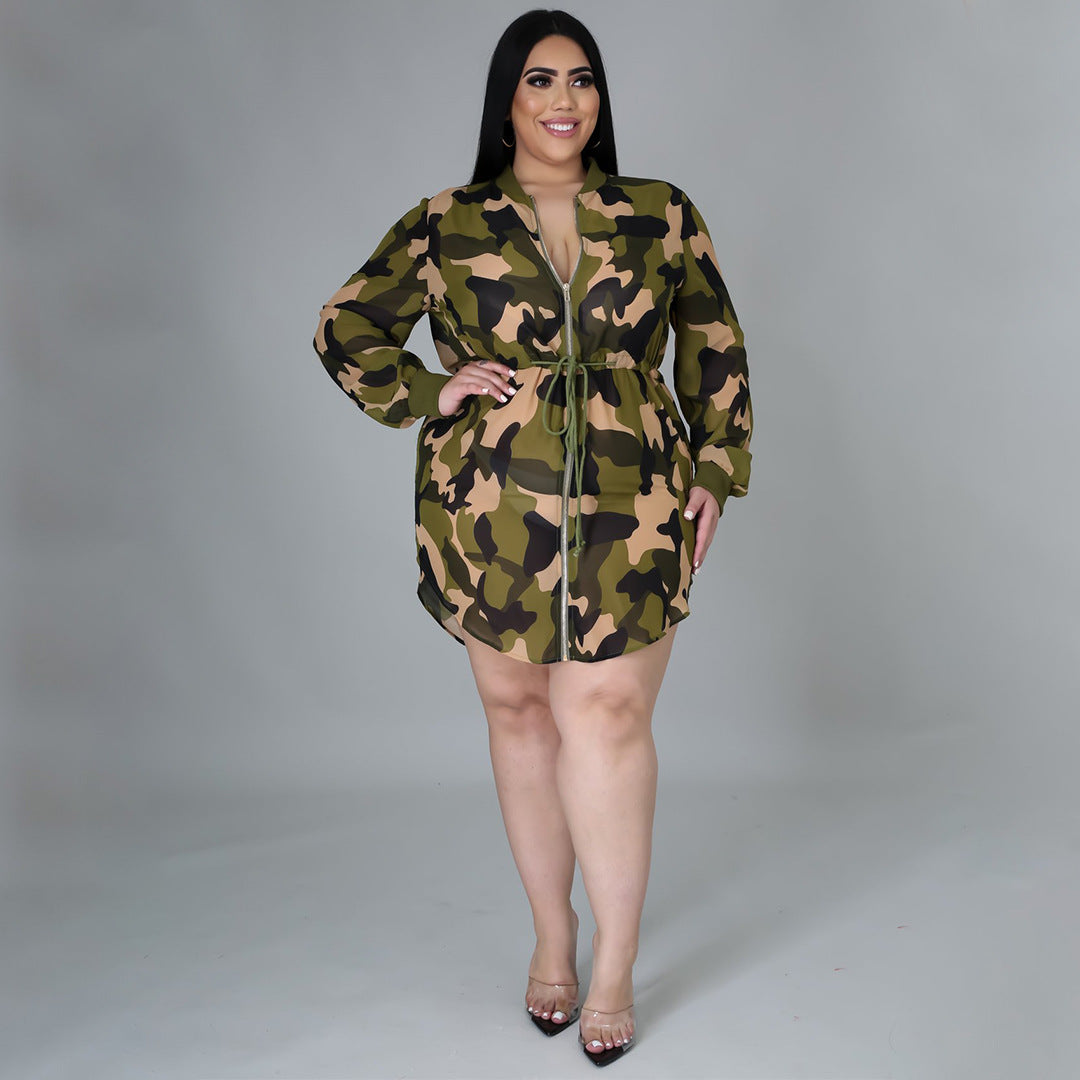 Women's Camouflage Print Lace-Up Slim Fit Casual Fashion Plus Size Dress 4