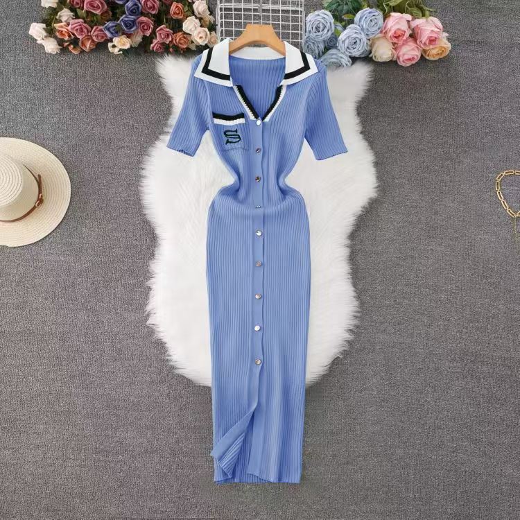 Women Fall/Winter French Contrast Color Embroidered Polo Neck Long-Sleeved Knitted Dress 10